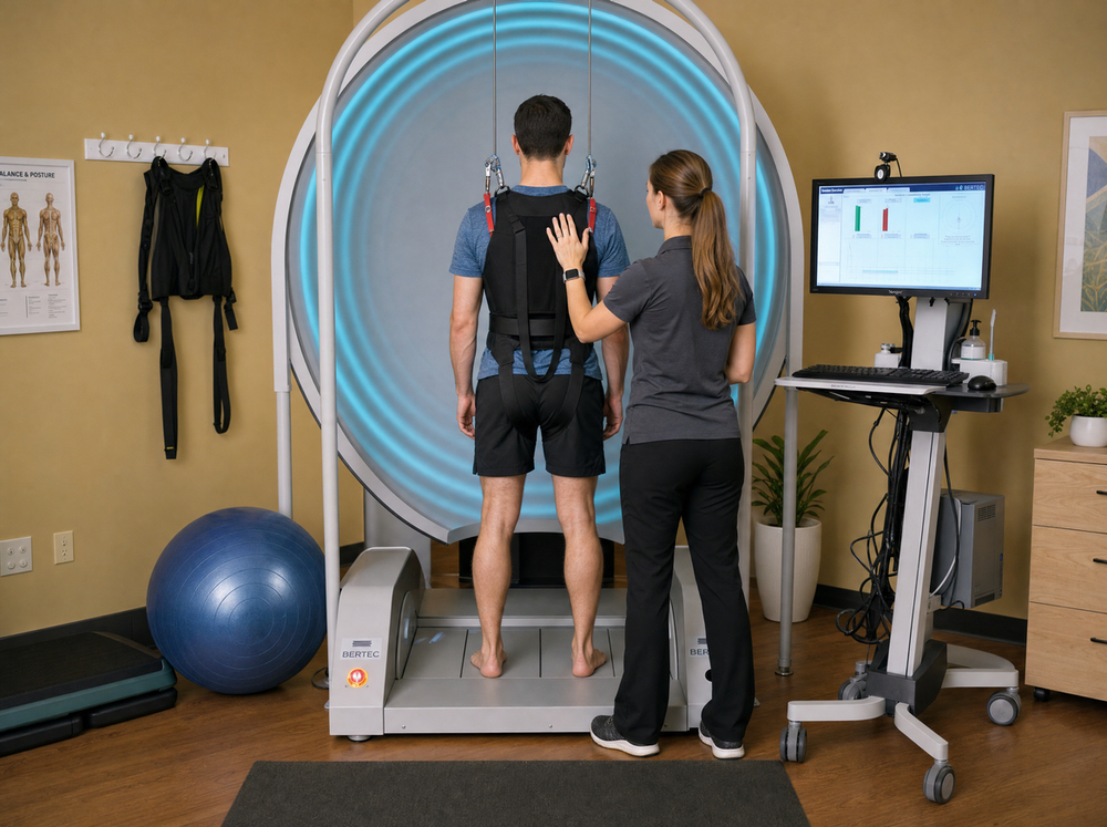 Patient in a safety harness standing on a computerized dynamic posturography platform during balance and fall risk testing at AFA Balance & Hearing Institute in Mesa, AZ