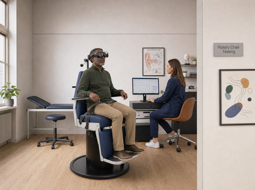 Patient wearing recording goggles seated in the rotational chair while an audiologist monitors vestibular testing results at AFA Balance & Hearing Institute in Mesa, AZ