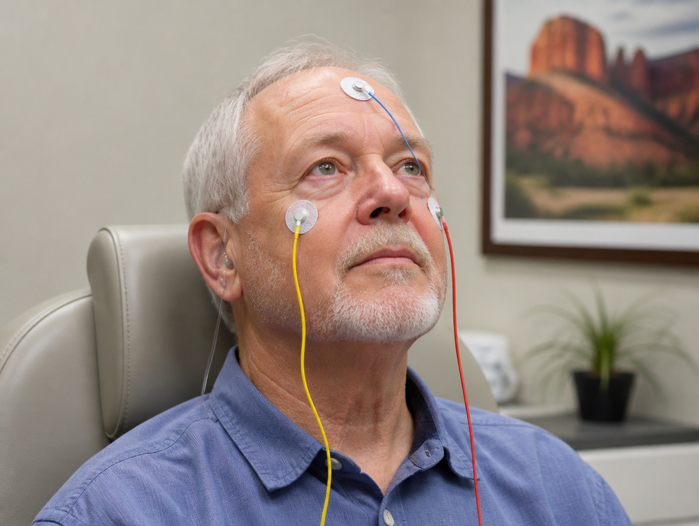Patient with electrodes placed for vestibular evoked myogenic potential testing at AFA Balance & Hearing Institute in Mesa, AZ