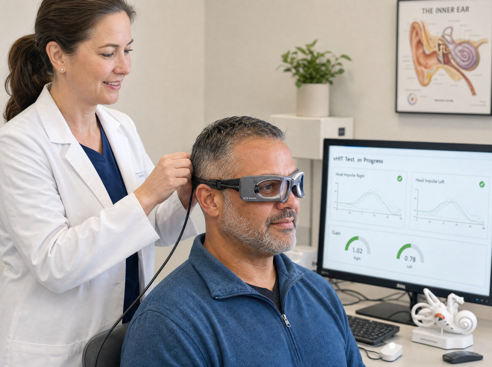 Audiologist fitting video head impulse goggles on a seated patient during vHIT testing at AFA Balance & Hearing Institute in Mesa, AZ