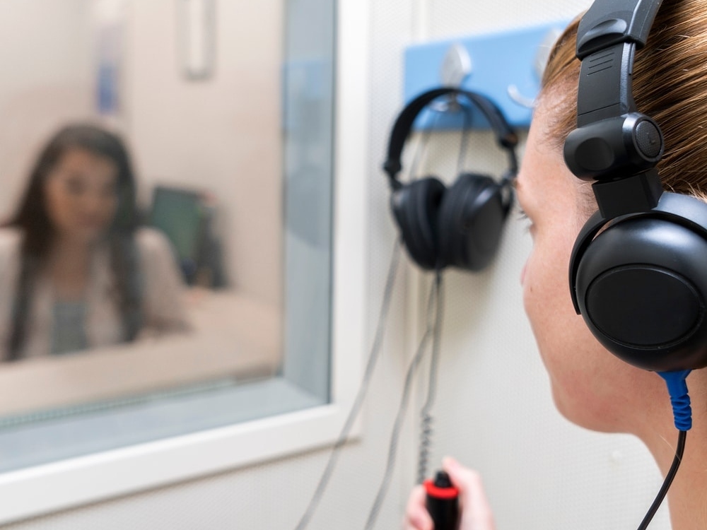 Sound-treated testing booth used for hearing evaluations at AFA Balance & Hearing Institute in Mesa, AZ
