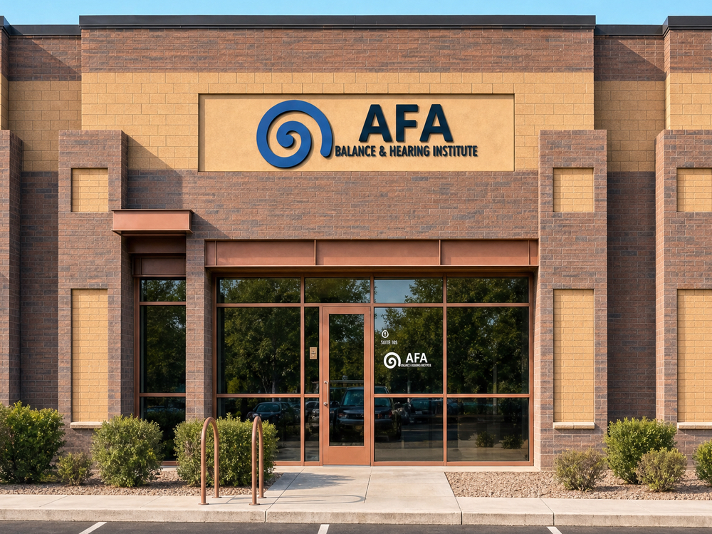 Exterior entrance of AFA Balance & Hearing Institute, where posturography and fall risk testing are performed, in Mesa, AZ