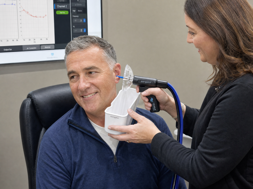 Doctor of Audiology examining a patient's ear canal before professional earwax removal at AFA Balance & Hearing Institute in Mesa, AZ